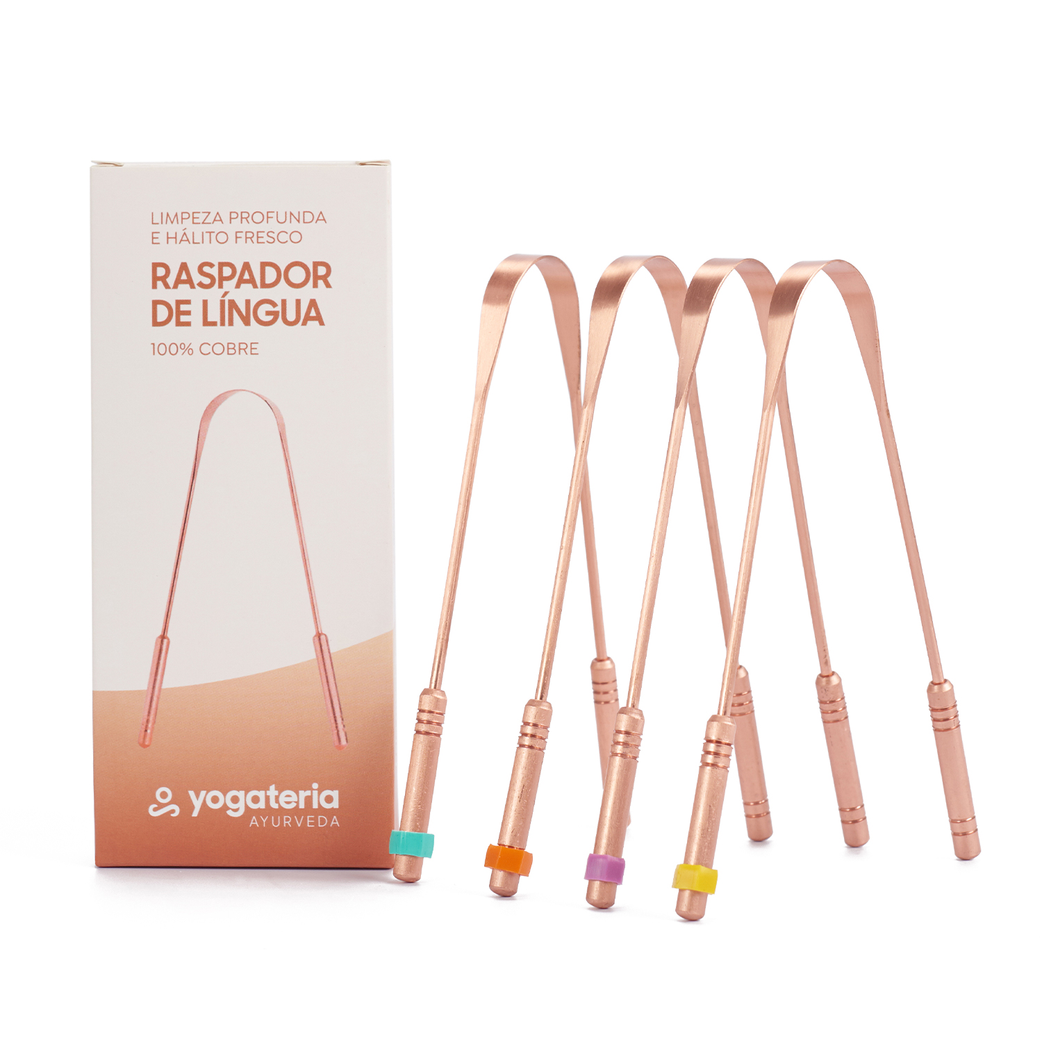 Limpador de Língua 100% cobre puro (4 Unidades) 13 raspador-lingua-cobre-yogateria-quatro-caixa